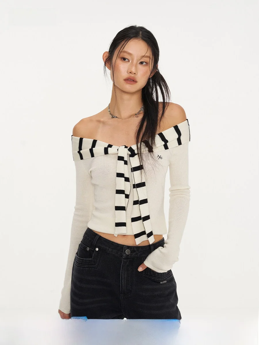 

NAWS Slim Fit Striped Knitwear Sailor Collar Patchwork Casual Sle Women's Long Sve Wool Blend Faion Top