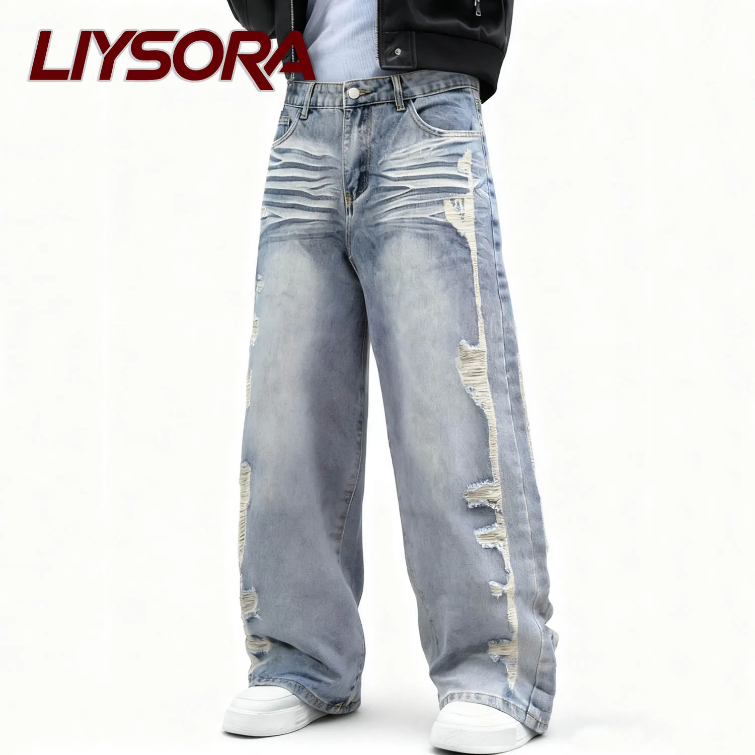 

Korean Men's Retro Blue Baggy Wide Leg Ripped Jeans High Street Side Ripped Loose Jeans Personalized Design Unisex Denim Pants