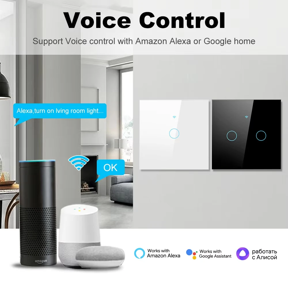 1 2 3 4 Gang WiFi RF 433mhz Dotykowy Włącznik Światła Ścienny Inteligentny Bezprzewodowy z Przyciskiem 220V Bez Neutralnego EU Tuya Alexa Google