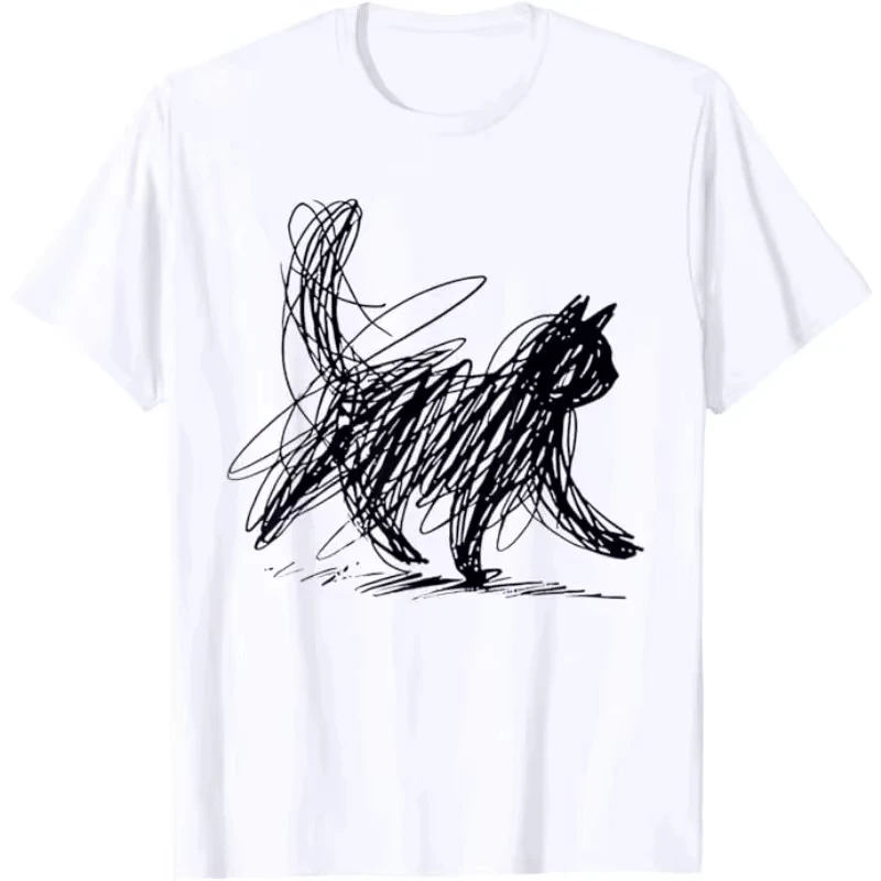Unisex T‑shirt Abstract Scribble Cat Graphic Tee Crew Neck Short Sleeve Sketch Art Kitty Drawing Casual Daily Street Top