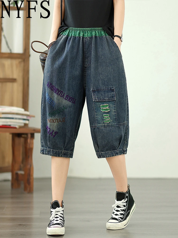 

NYFS 2025 Vintage Women's Loose plus Size Jeans Elastic Waist Knee Length Thin Embroidered Denim Short Trousers Summer Fashion
