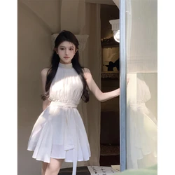 Y2K Fashion Trend White Irregular Sleeveless Cake Dress Princess Tunic Waist Chiffon Tutu Mini Dresses for Women 2024 Summer