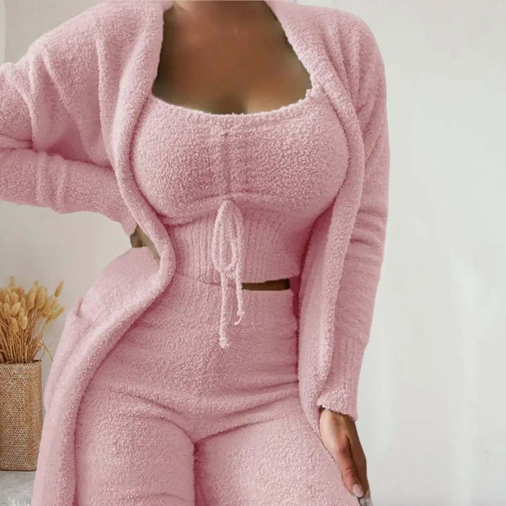 3 Pcs/Set Chic Crop Tops Trousers Set  Loungewear Sleepwear Women Pajamas Set  Soft Women Pajamas Set