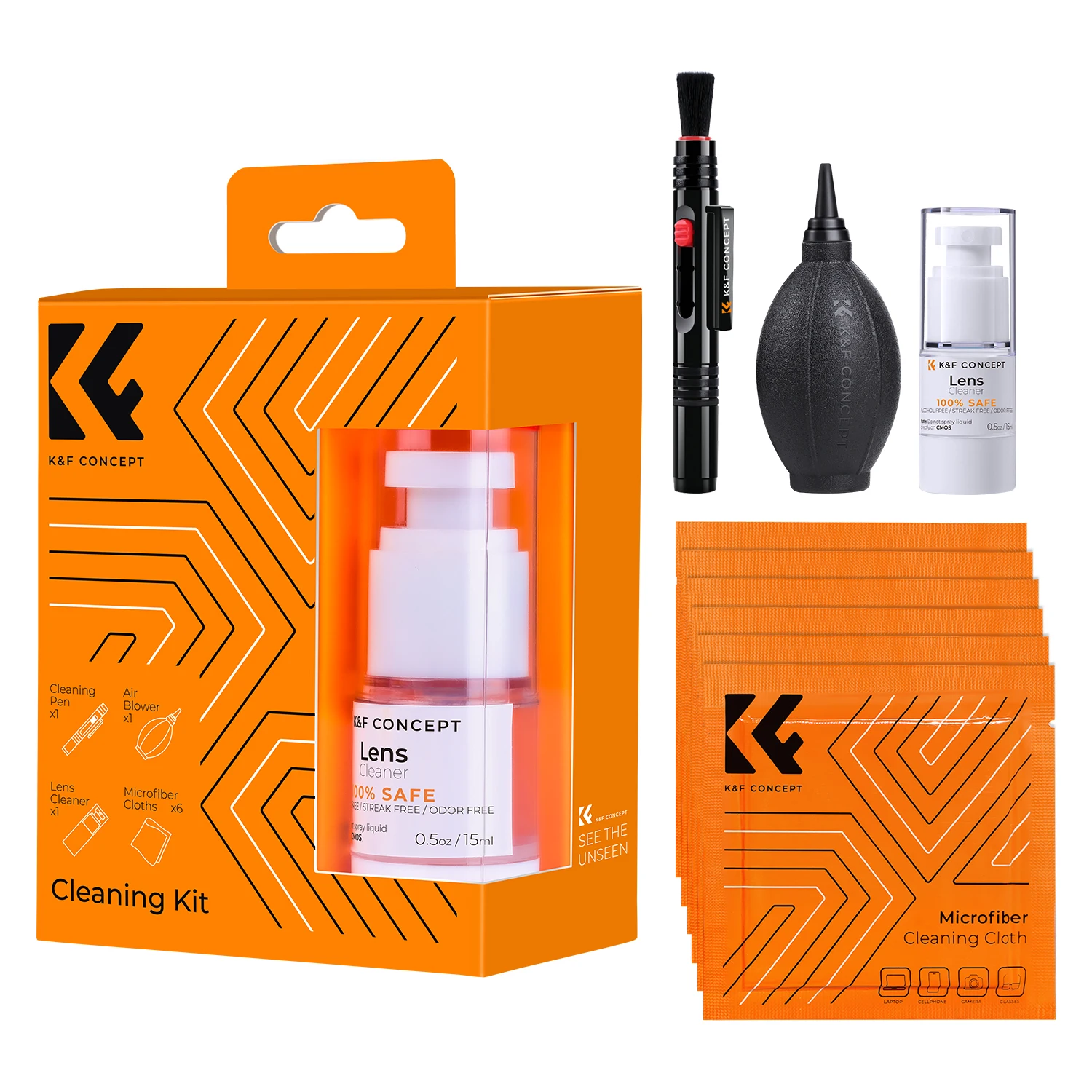 K & F Conceito DSLR Camera Cleaning Kit, Lens Poeira Blower Cleaner, Caneta de Limpeza, Microfibra Pano, Liquid Cleaning Kit, 4in 1