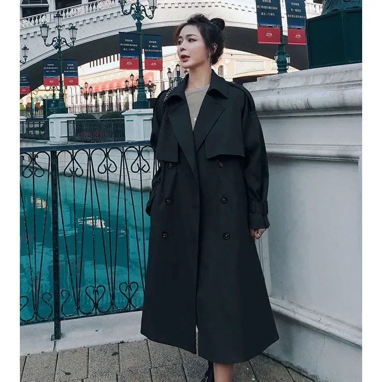 Black Khaki Women's Trench Coat 2025 Spring Autumn New Temperament Lapel Long Overcoat Female With belt Casual Windbreaker Coats