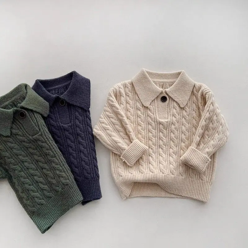 Children's Sweater New Boys Girls Cable Knitted Polo Shirt Baby Warm Sweater Stylish Autumn Winter Tops Kids Fashion Outerwear