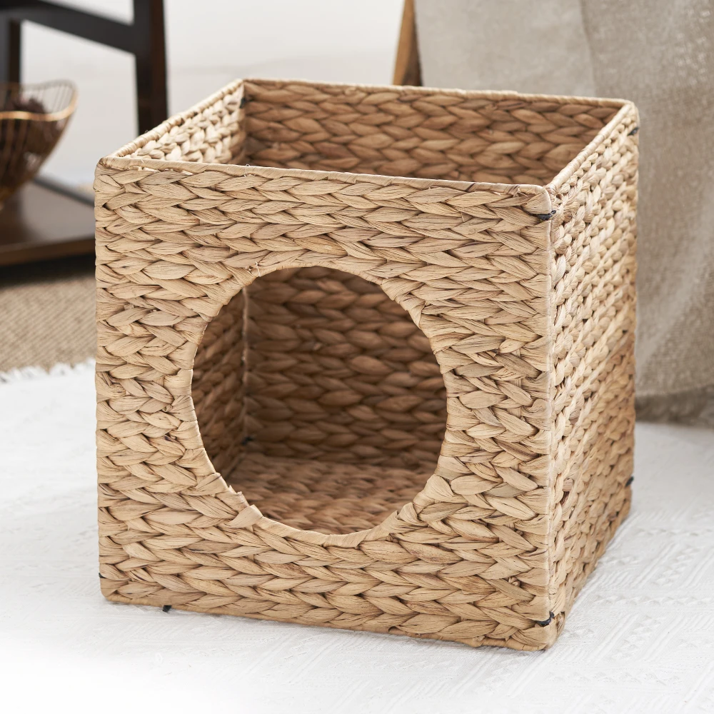 Water Hyacinth Woven Wicker Square Cat Bed Cave - 13