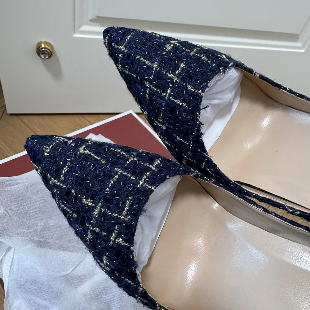 حذاء Tikicup للسيدات باللون الأزرق الداكن من التويد بمقدمة مدببة وكعب ستيليتو بدلة أنيقة مثالية لحفلات الزفاف، أحذية حفلات لليالي التاريخ