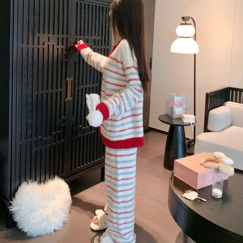 Vintage Striped Red Fleece Loungewear Women Soft Thick Cardigan Pajamas Autumn Winter Warm Outdoor Indoor Wear Clothing One Size
