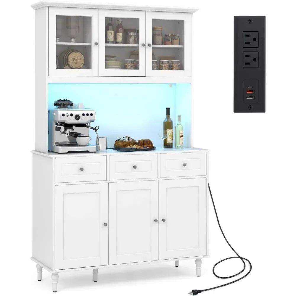 Kitchen Tall Pantry Cabinet, Modern Storage Cabinet with Charging Station, with 4 Adjustable Shelves, 3 Drawers