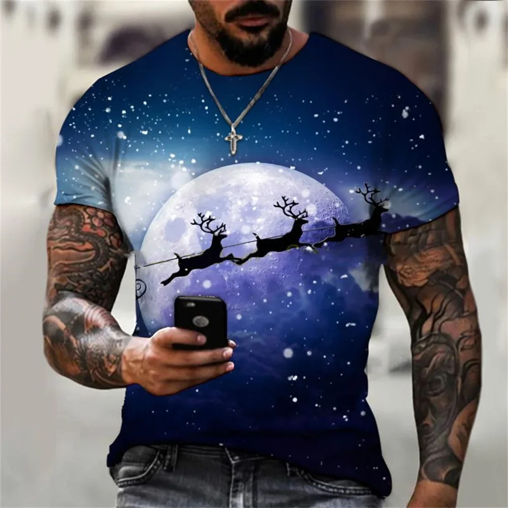 Christmas Men Summer 3D Elk Printed T Shirts Casual Tee Oversized T-shirt Women Short Sleeve Holiday Clothing Breathable Tops