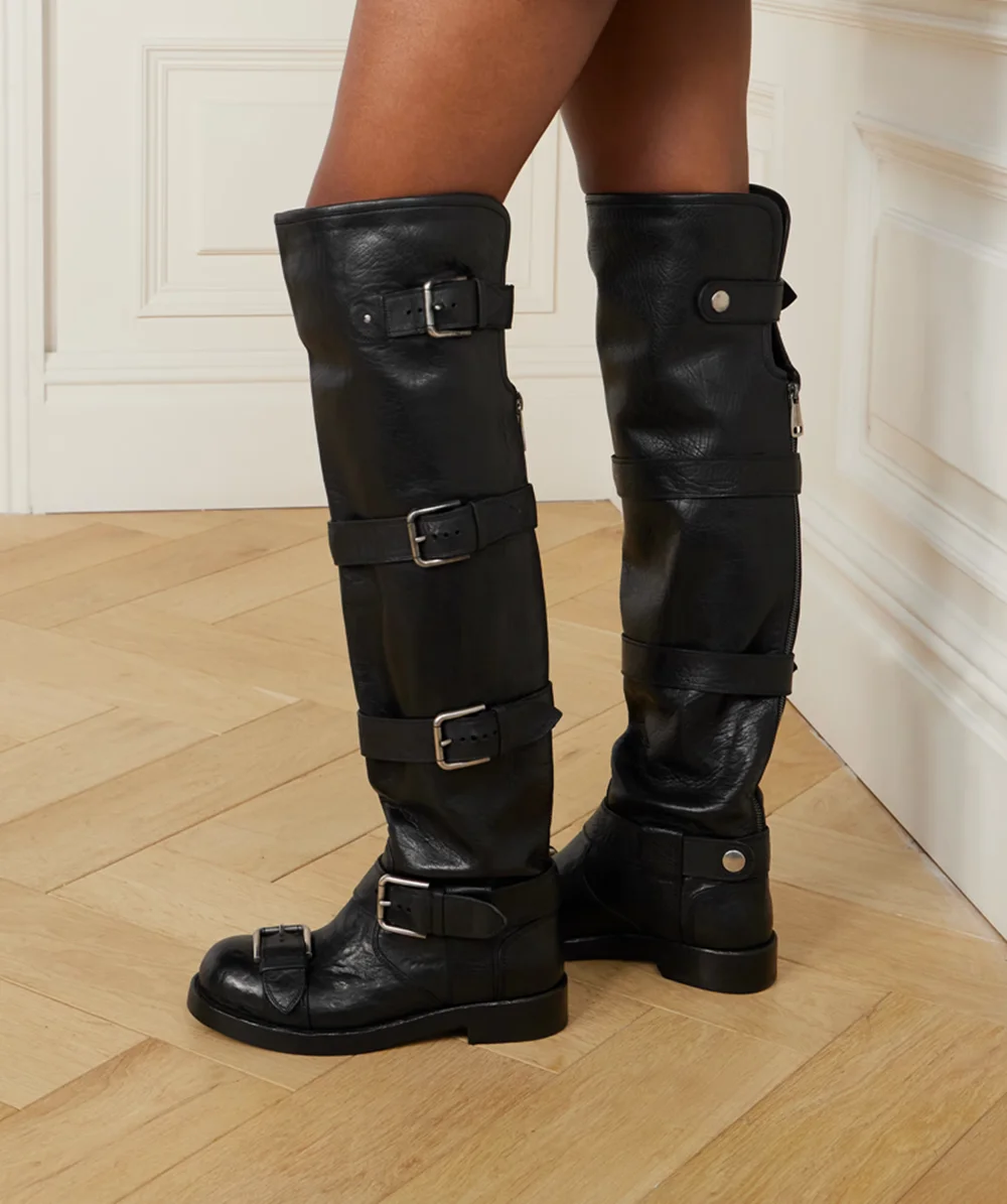 Distressed Black Leather Knee High Boots Multiple Adjustable Metal Buckles Round Toe Flat Sole Punk Rock Style Boots