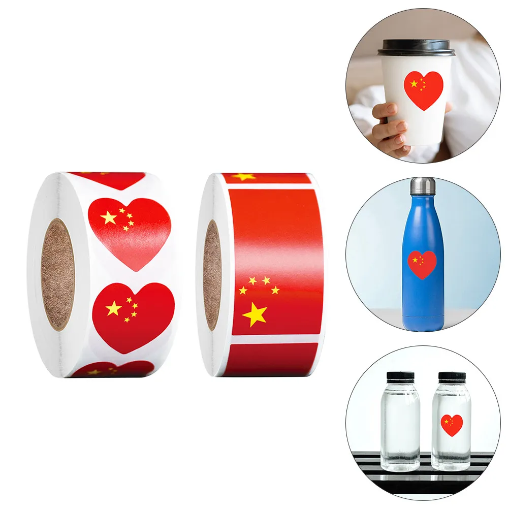 

6 Rolls Love Heart Red Flag Sticker Chinese Flag Adhesive Label Self-Adhesive Festival Gift Decal Envelope Decorative Party