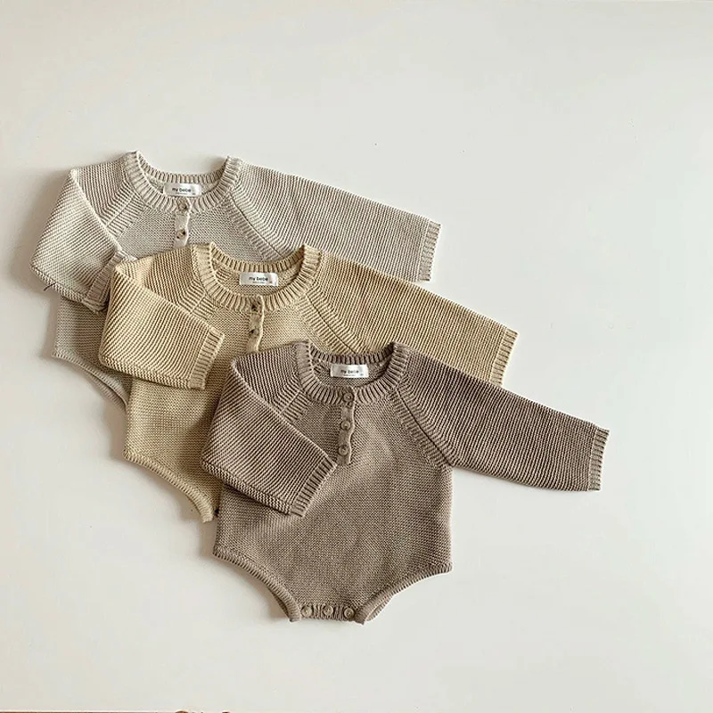 Korean Version of Newborn Baby Autumn Knitted Onesie for Boys and Girls, Cute Little Hat, Fart Climbing Sweater