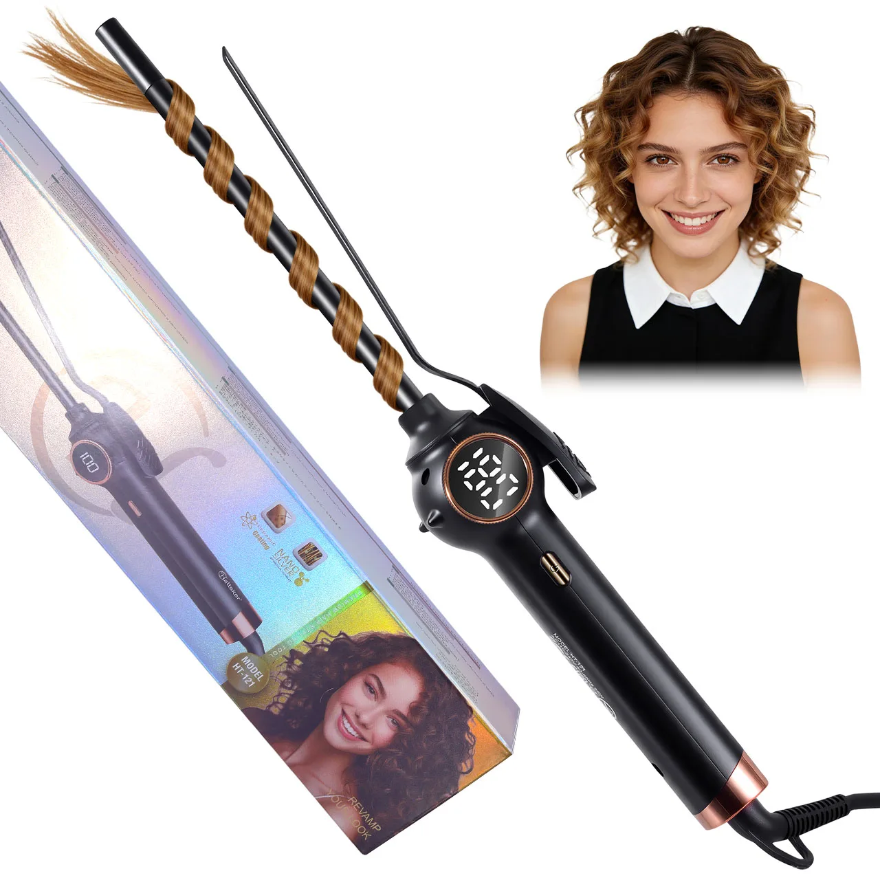 Hatteker 9MM Haar-Lockenstab Damen-Haarstyling-Tool Drehbare Digitale Temperaturregelung Wolleisen-Lockenstab