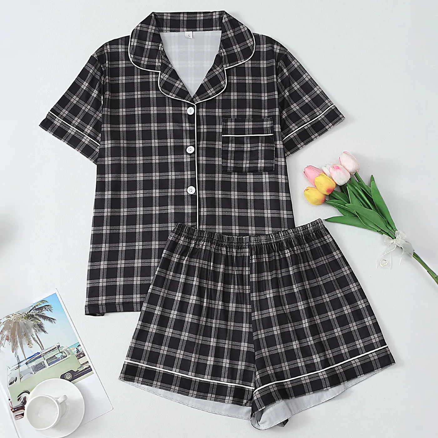 

Women Pajamas Plaid Pajama Set Short Sleeve Button Down Top & Shorts 2 Piece Loungewear Soft Sleepwear for Summer Homewear