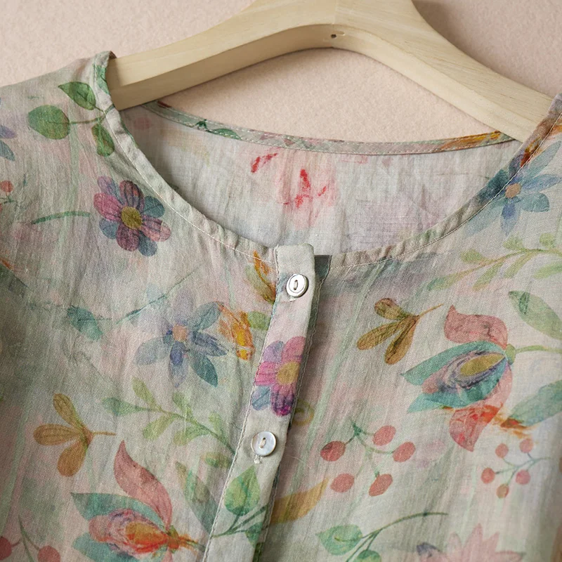 Summer Korean Style Maternity Cotton Linen Shirts Button Fly Half Sleeve O-Neck Pregnant Woman Floral Blouses Pregnancy Clothes