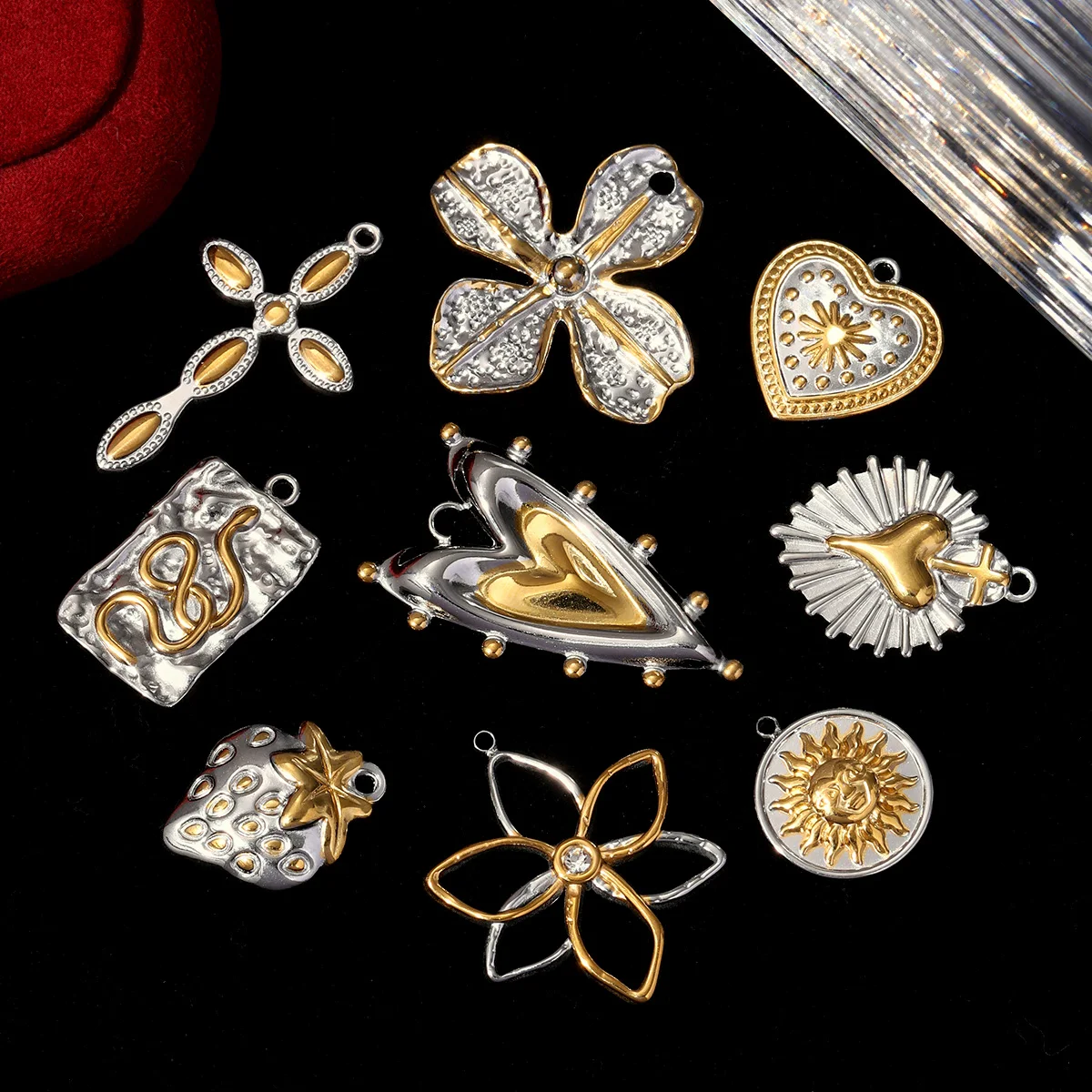 3pcs/lot Two Tone Flower Haert Corss Stainless Steel DIY Charms Women Jewelry Square Snake Evil Eye Sun Face Necklace Pendant