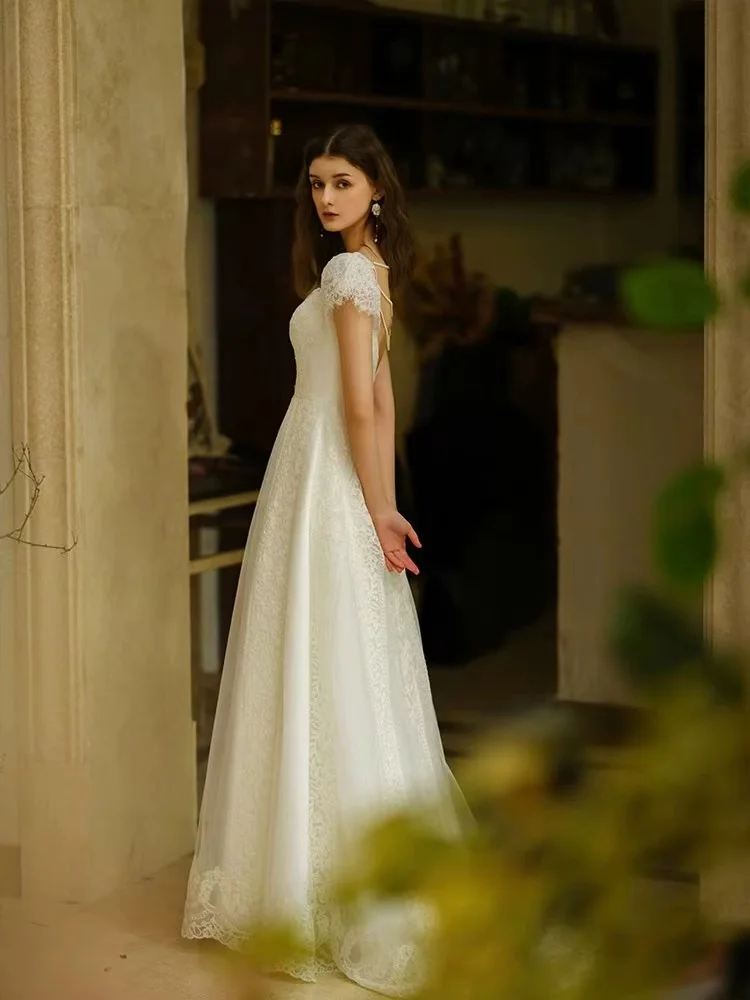 Short Sleeve A line Wedding Dress Europe Style Wedding Gowns Short Full Lace Appliques Wedding Bridal Dresses