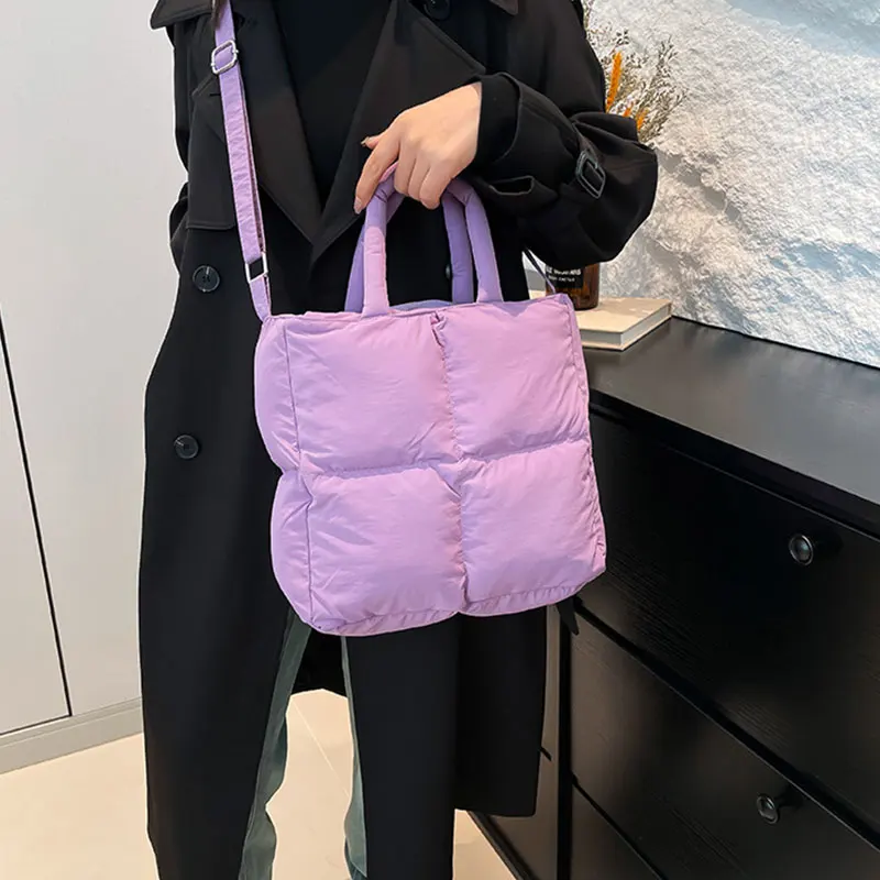 

Winter Puffer Cotton Padded Women's Shoulder Bag Large Capacity Solid Square Tote Bags Checkered Embroidery Thread Down Handbags