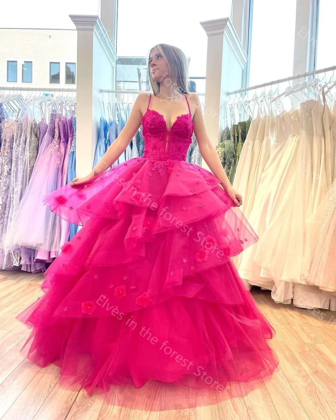 Pink Ball Gown Prom Dresses Lace Appliques Beads Evening Dresses Tiered Ruffles Floor Length Graduation Homecoming Party Gowns