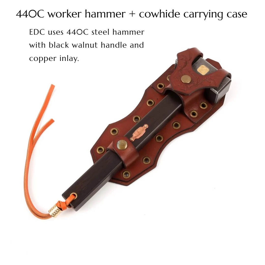 

High-quality CNC Stoneworking Square Hammer and Leather Cover EDC440C Made Steel Ebony Handle Copper Inlay Hand Tool