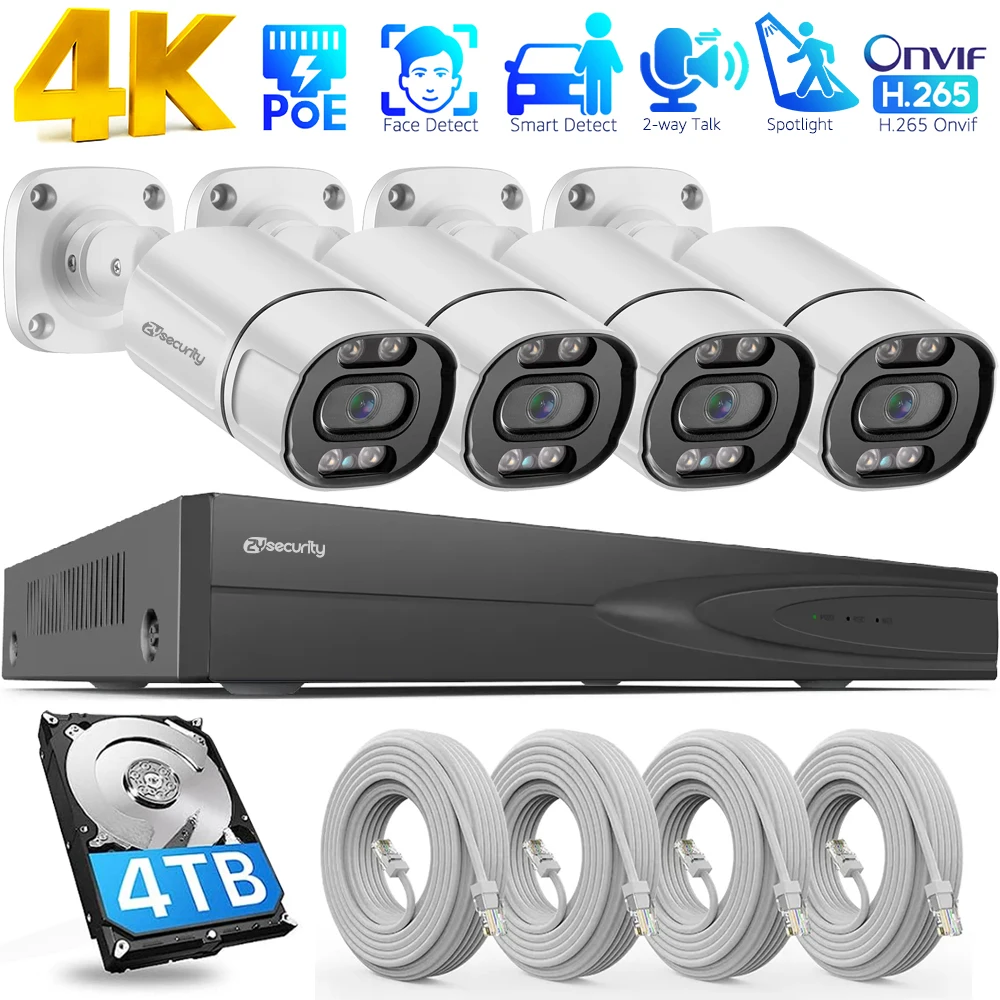 4K PoE Security Camera System 4CH PoE NVR with 4Pcs 8MP / 5MP Security IP Camera for Outdoor Smart Detect Home Surveillance Kits