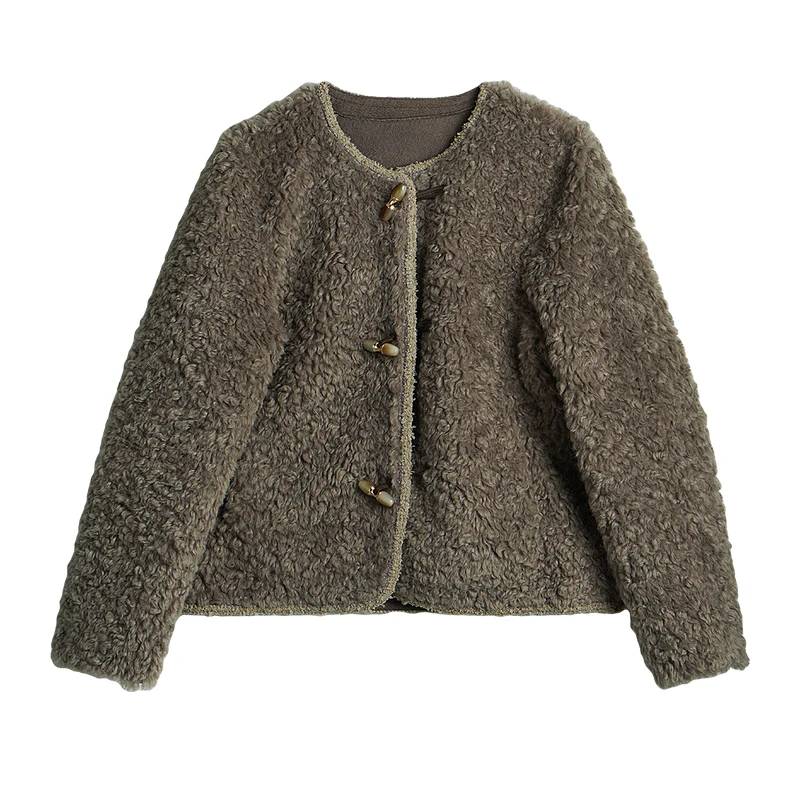 OLrain 빈티지 인조 모피 코트 여성용 2025 겨울 신상 패션 슬라우치 시어링 코트 싱글 브레스티드 여성 상의 GO57DP002553