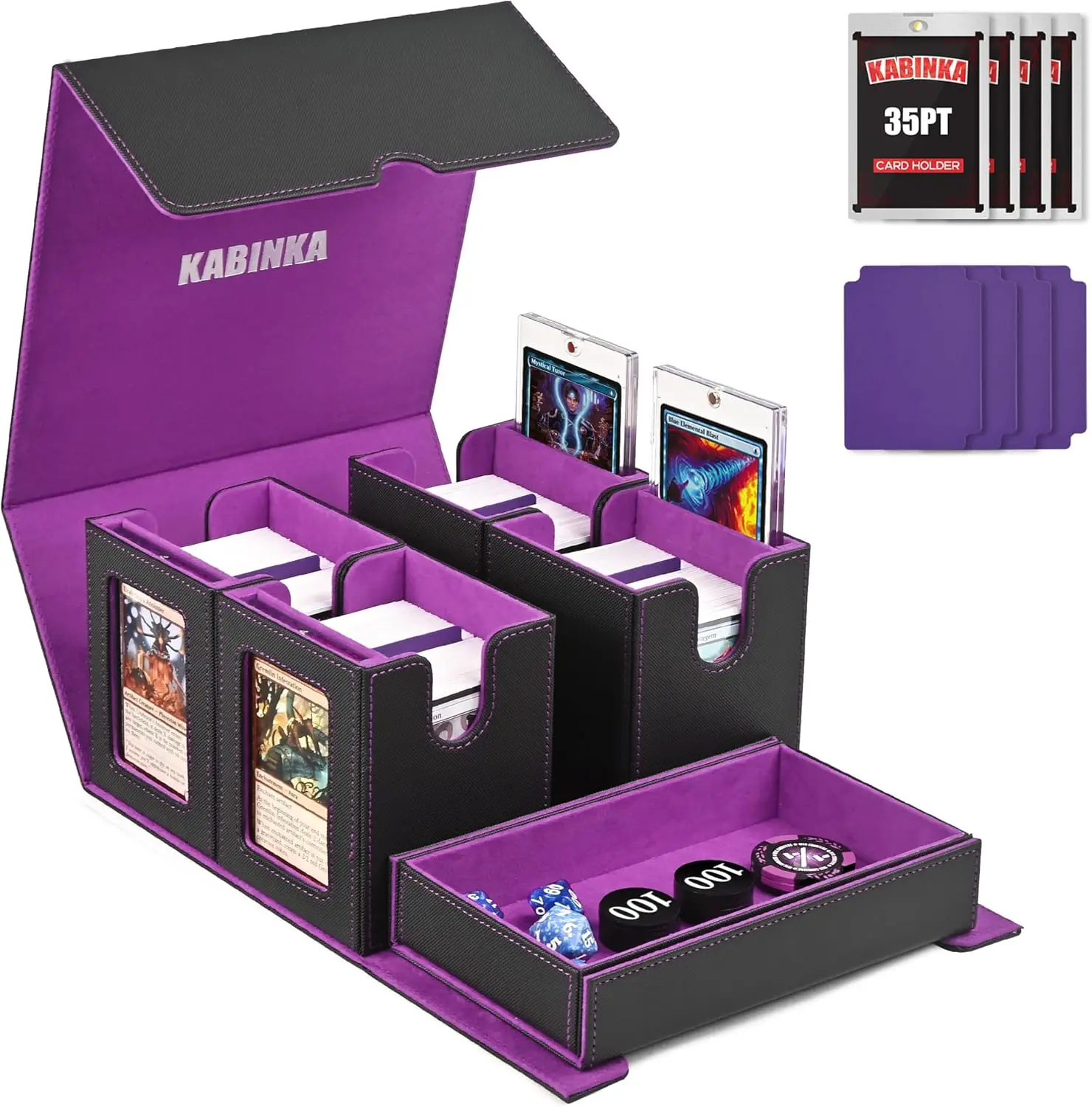 

MTG Deck Box Holds 400+ Double-Sleeved Cards, 5-in-1 Case with Dice Tray & Magnetic Holders, Black Purple