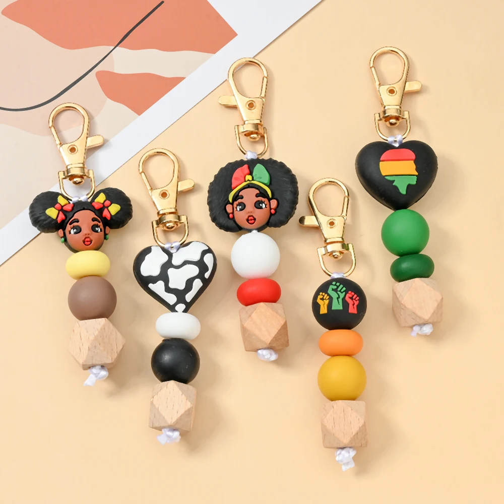 1pc Cute Cartoon Silicone Heart Beads Pendant Stroller Hooks Decorative Accessory Keychain With Lobster Buckle