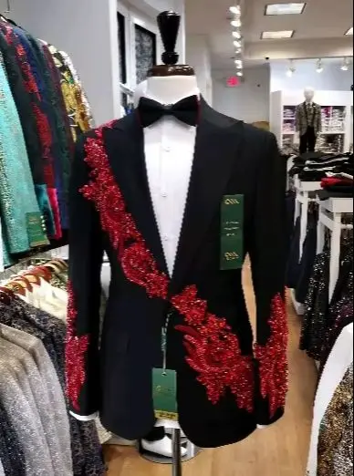 Sparkly Rhinestone Diamond Applique Men Suit Customized Slim Fit Groom Male Blazer 3 Piece Sets Tuxedo Wedding Party Ropa Hombre