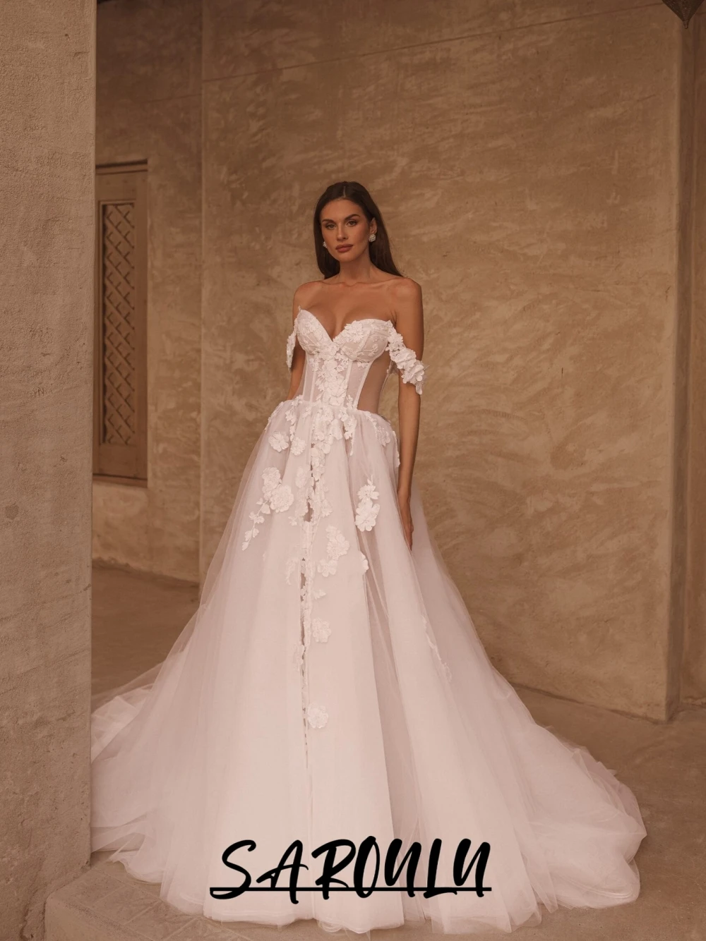 Dreamy Floral A Line Wedding Dress Romantic Sweerheart Neck Off Shoulder Bride Wear Customzied Glitter Long Bridal Gown No Veil