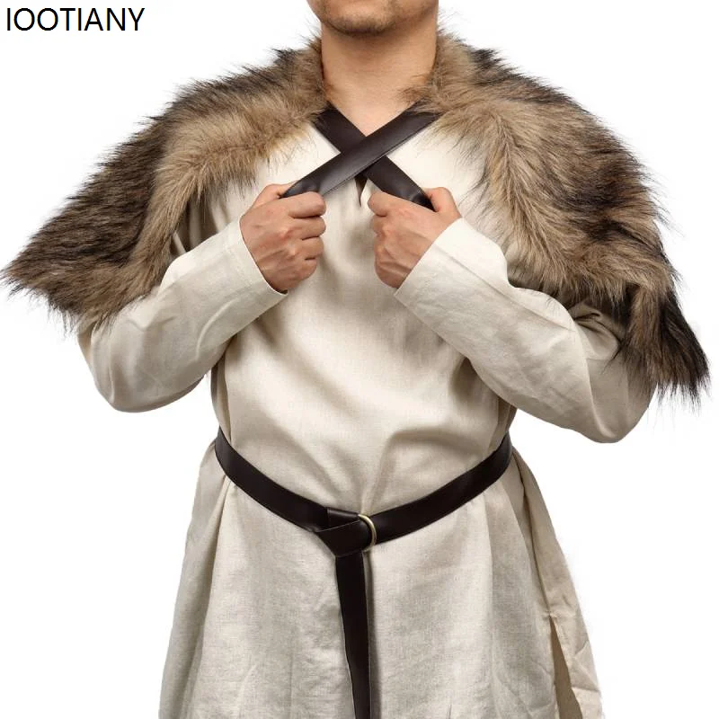 IOOTIANY Halloween Barbarian Cosplay Shoulder Cloak With Chest Strap Medieval Men Viking Fur Cape Faux Fur Fur Cape Scarf New