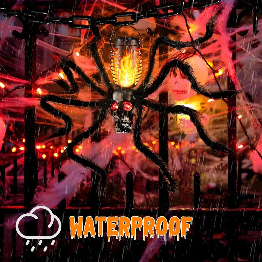 أضواء لهب جمجمة الهالوين تعمل بالطاقة الشمسية مع 8 مخالب عنكبوت للديكور الخارجي مثالية لحفلات الهالوين والحديقة Se