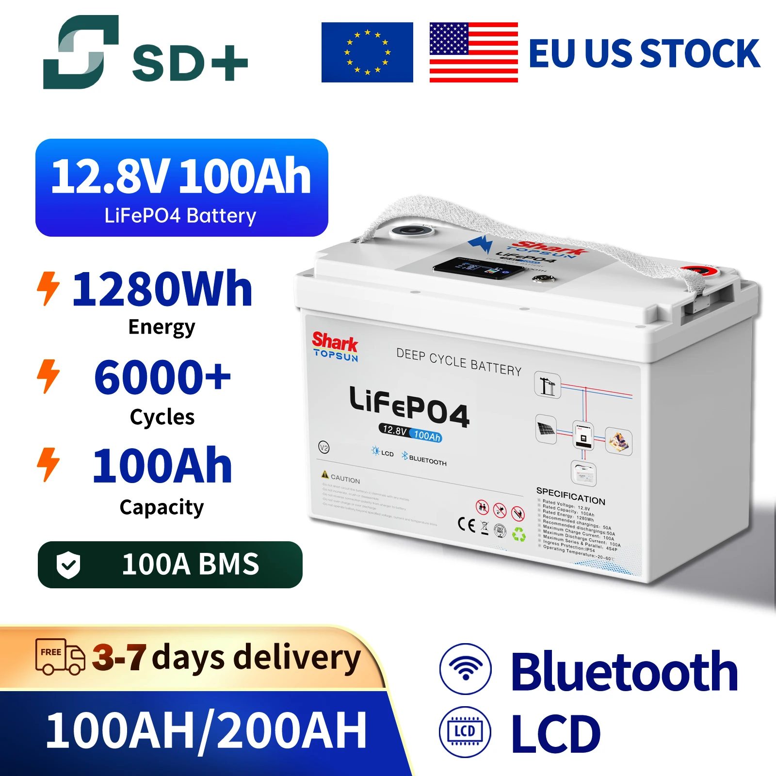 SANDISOLAR 12V LiFePO4 Battery 100Ah 200Ah with LCD & Bluetooth for RV Marine Boat Deep Cycle Lithium Battery IP65 6000 Cycles