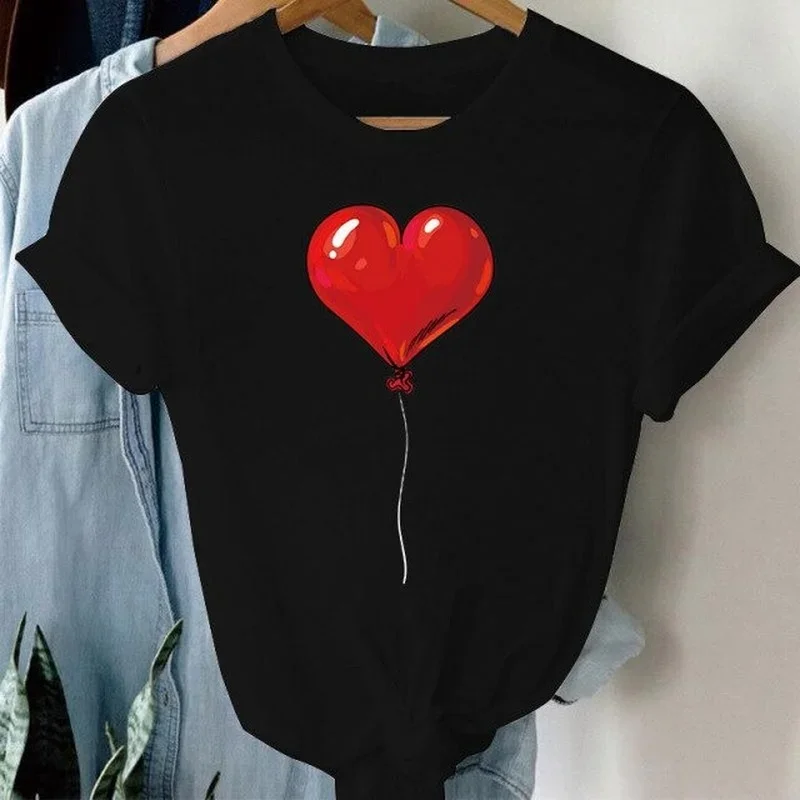 Balloon Red Heart Print Women T Shirt Short Sleeve O Neck Loose Women Tshirt Ladies Tee Shirt Tops Clothes Camisetas Mujer