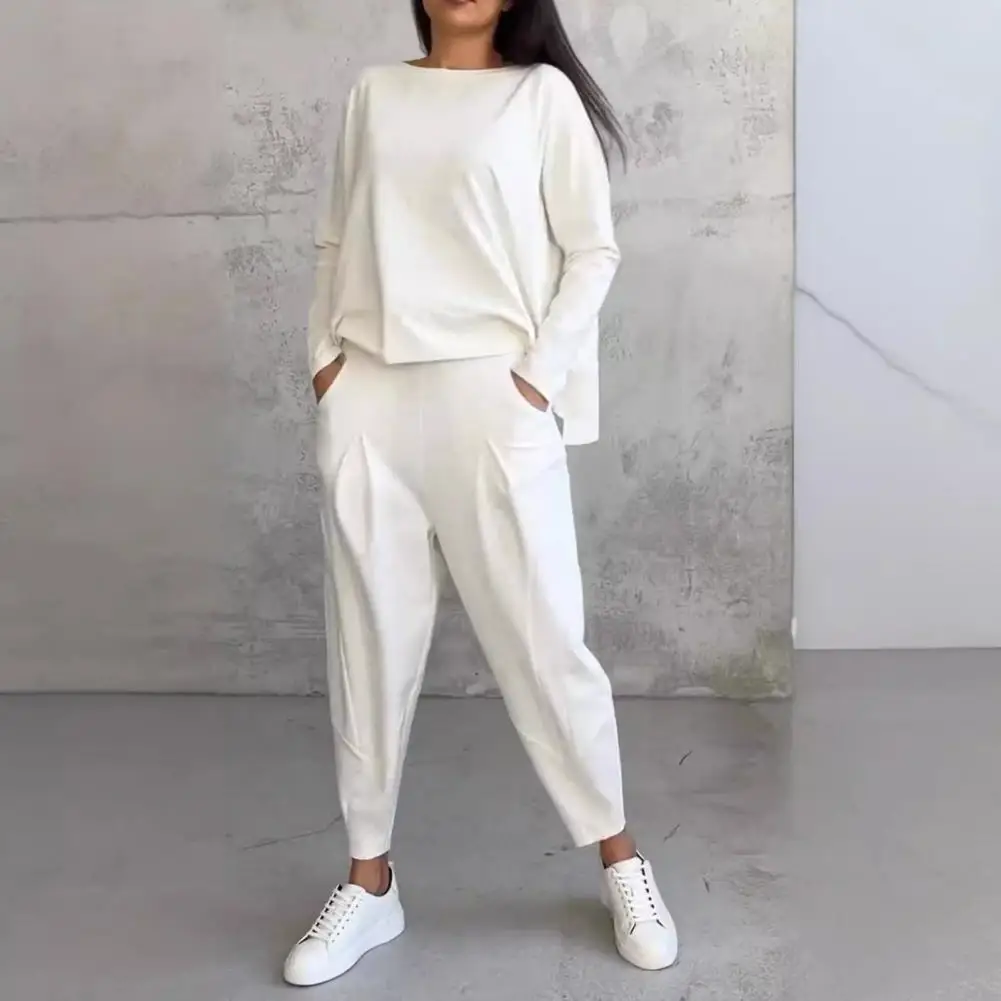 Top Pants Set Elegant Women's Top Pants Set with Long Sleeves O Neck T-shirt Elastic Waist Harem Trousers Pockets for Office