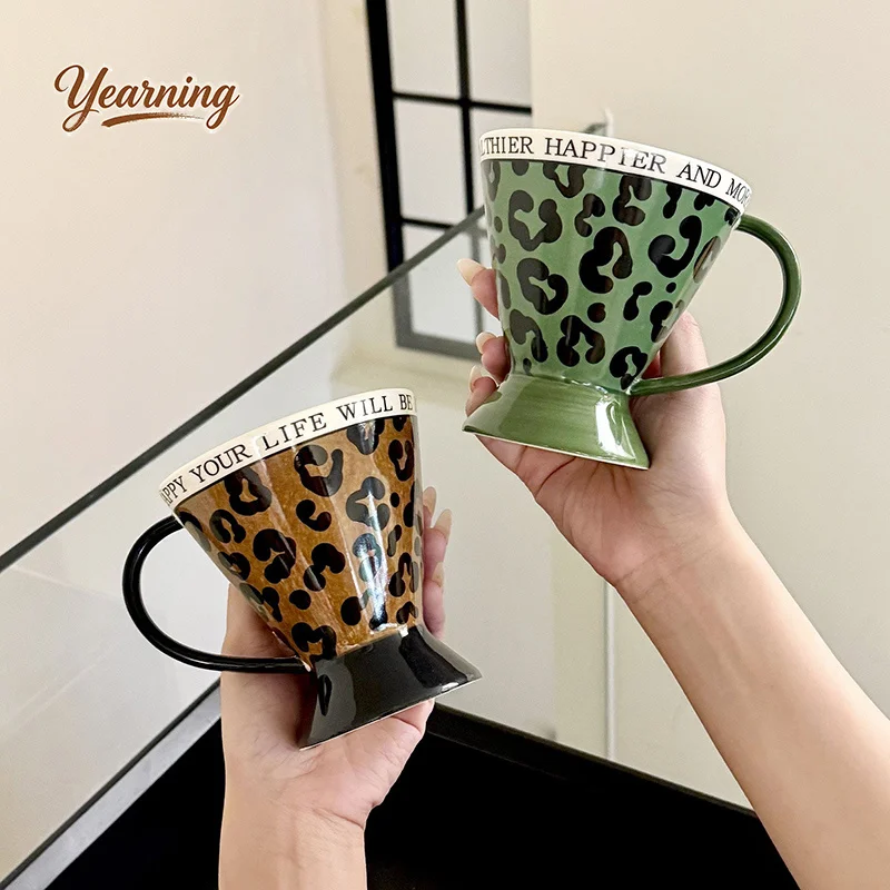 

Retro Leopard Ceramic Cup Creative Cone Water Cup High Value Coffee Cup with Spoon Gift for Bestie Birthday