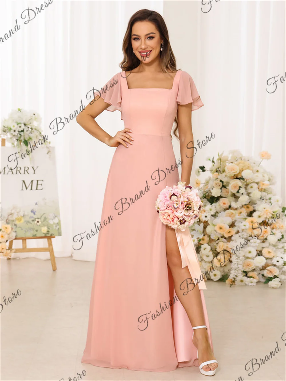 Off-the-shoulder Square Collar Chiffon Bridesmaid Dresses Shrot Sleeves Backless Corset Formal Ball Gowns A-line Long Prom Dress