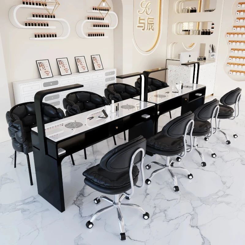Economical Single/Double Marble Ceramic Top Manicure Table Internet Ins Cream Style Black Nail Salon Workstation furniture