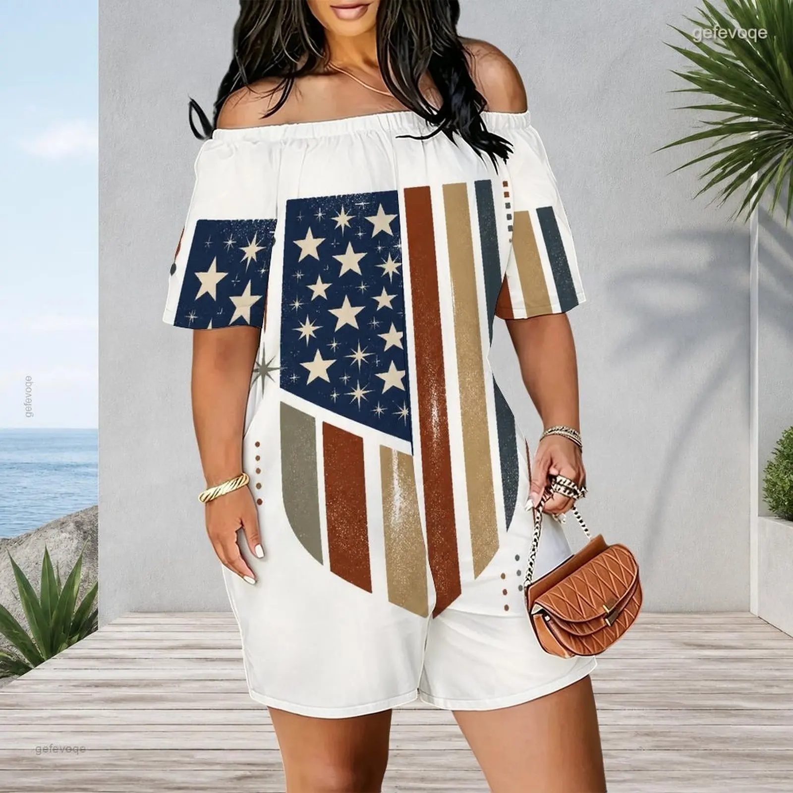 Women Romper with Print Off Shoulder Short Sleeve Loose Fit Side Pockets