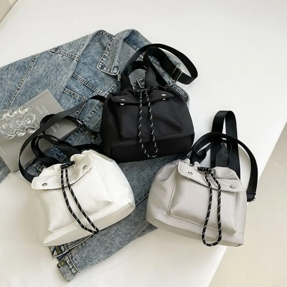 

Korean Style Drawstring Bucket Bag Purse Handbag Nylon Shoulder Bag Solid Color Mobile Phone Bag Small Crossbody Bag Girls