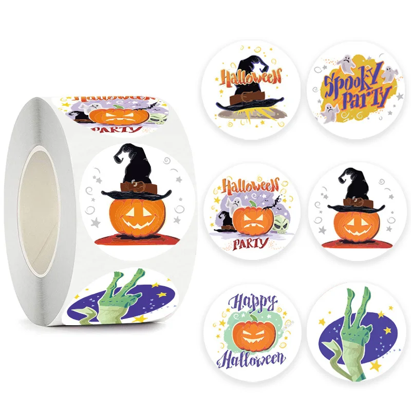 500-1000pcs Halloween Pumpkin Roll Stickers 1inch, 6 Designs Pumpkin Face Children's Party Decoration