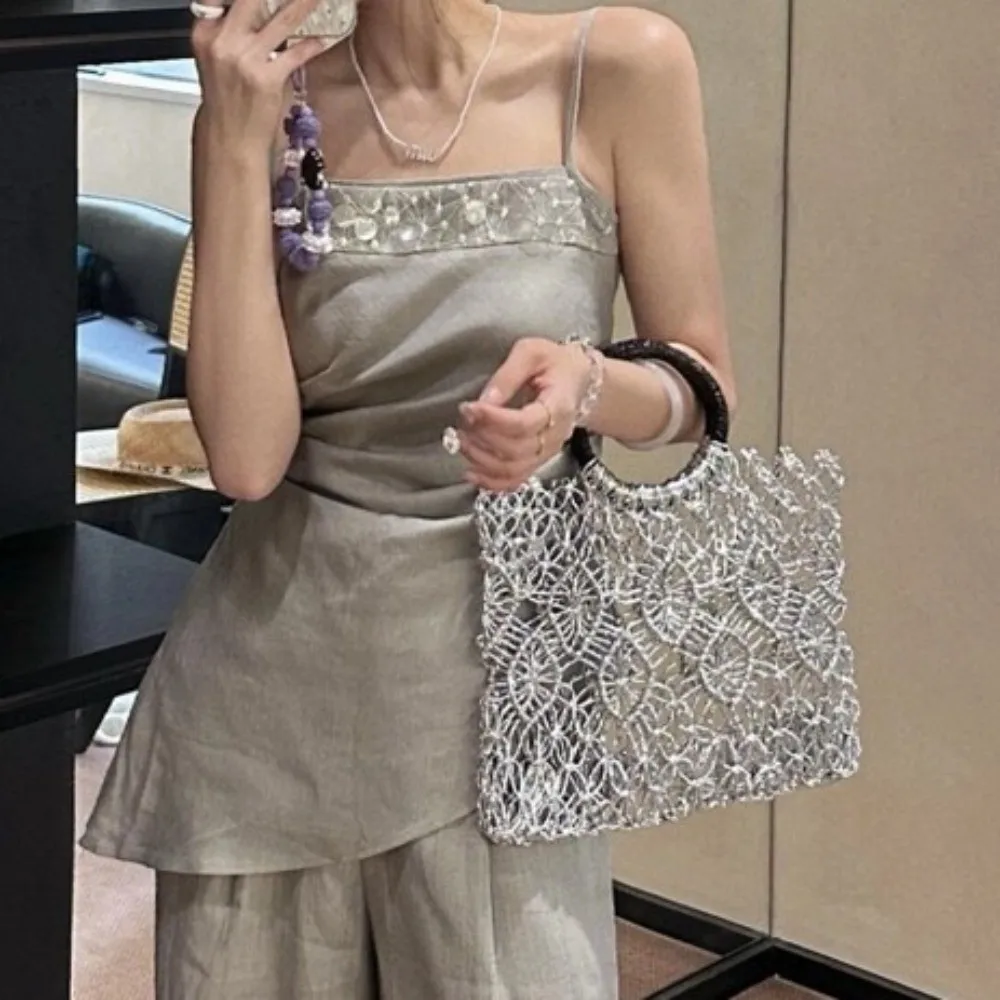 

Woven Hollow-out Woven Handbag Square Shape Lightweight Top-handle Bag Gold Silver Color Large Capacity Round Beach Bag