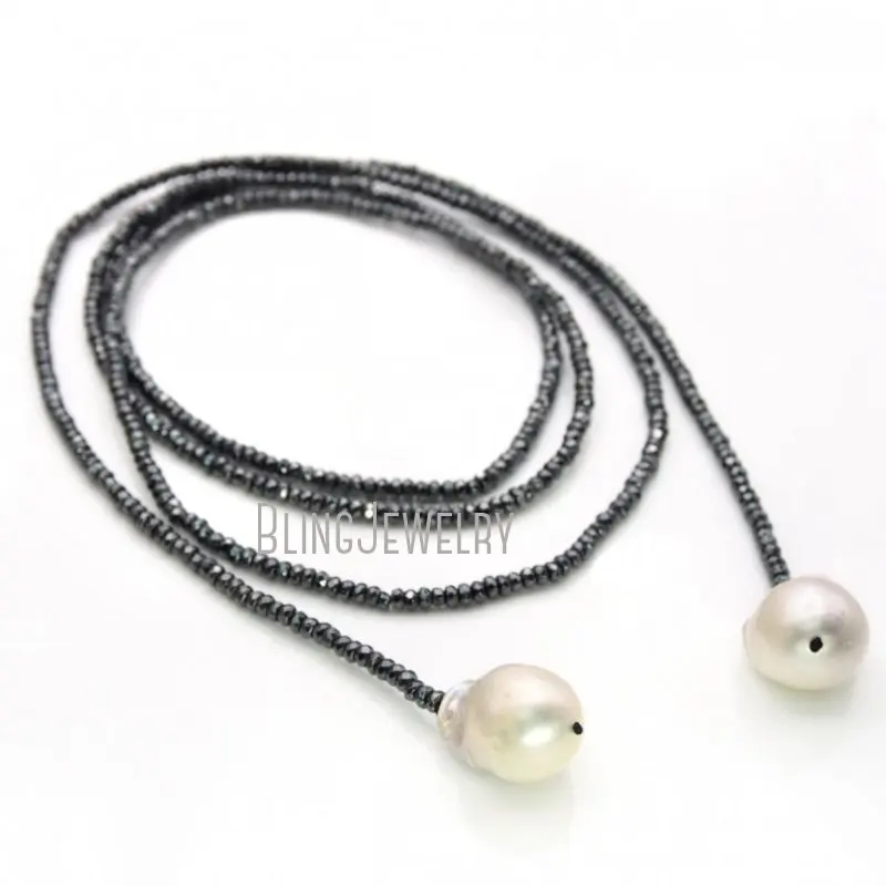 NM19098 Hematite Beads Lariat Necklace Freshwater Baroque Pearl  Long Laying Women 