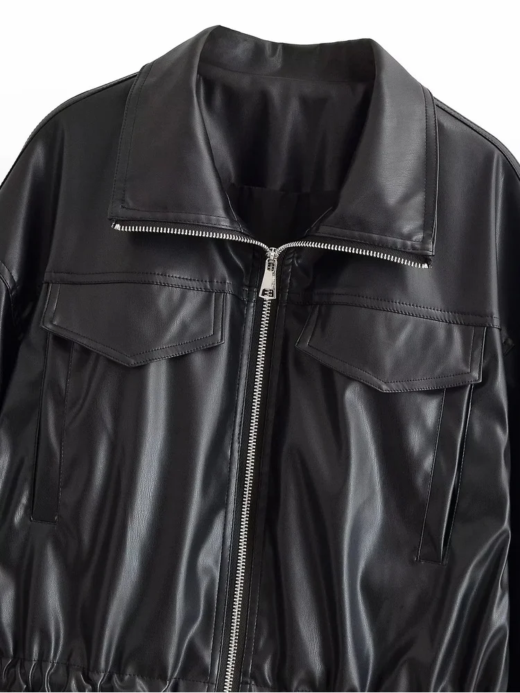 AACHOAE Women Faux Leather Jacket Drawstring Waist Zip Up Utility Short Coat Flap Pocket Casual Streetwear Autumn Outerwear