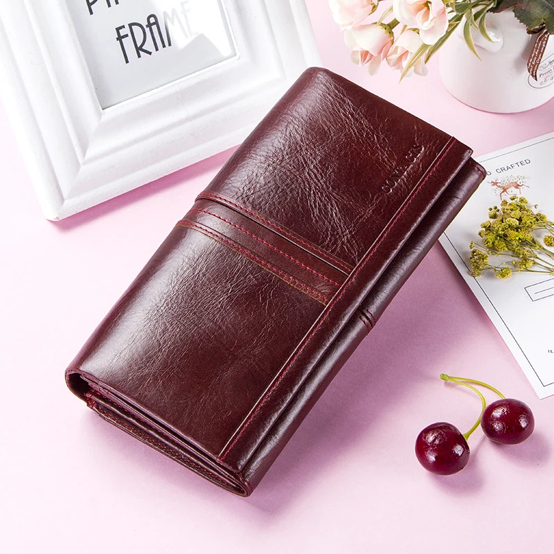 Contact's Women Wallets Multi-functional Clutch Genuine Leather Wallet Female Hasp Fashion Dollar Price Long Purse Card Holder