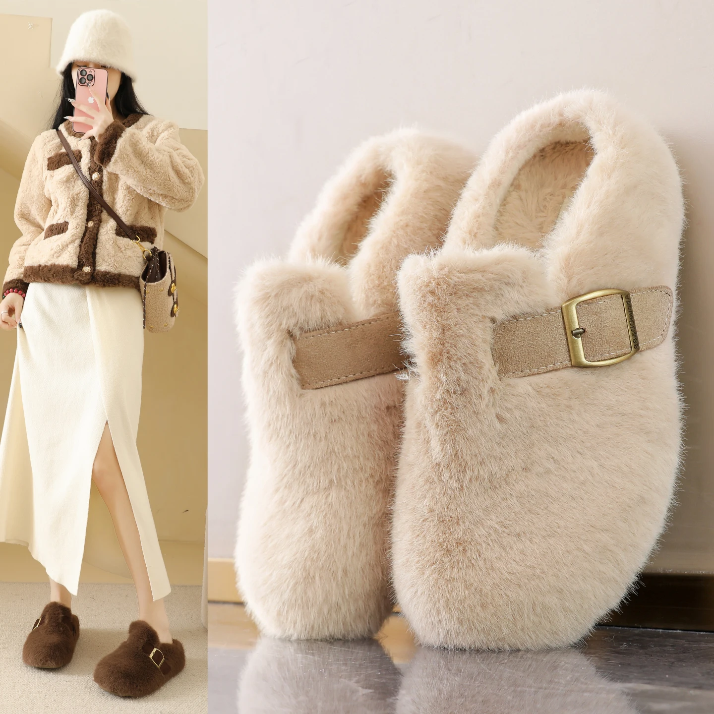 

Новинка 2023 года, осенние и зимние женские меховые тапочки на плоской подошве - теплые плюшевые хлопковые тапочки без шнуровки для уличной одежды