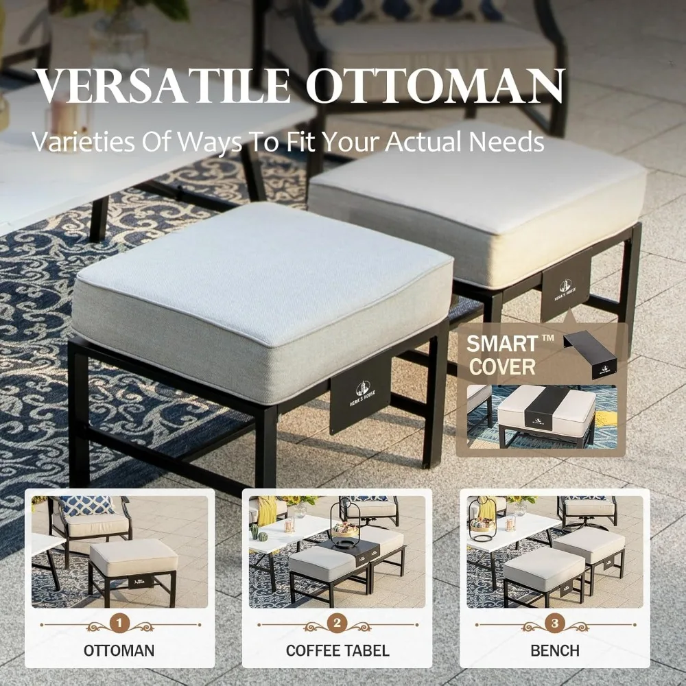 5 Piece Patio Furniture Set, 2 x Swivel Chair, 2 x Ottoman, 1 x 3-Seat Sofa, All Cushioned 7 Seats Outdoor Conversation Set