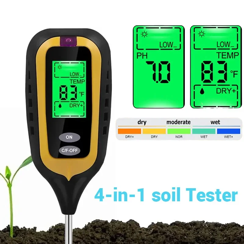 

Цифровой тестер почвы 4 в 1, измеритель PH, температуры, гигрометр, солнечного света, измеритель кислотности, измеритель влажности для садовых растений